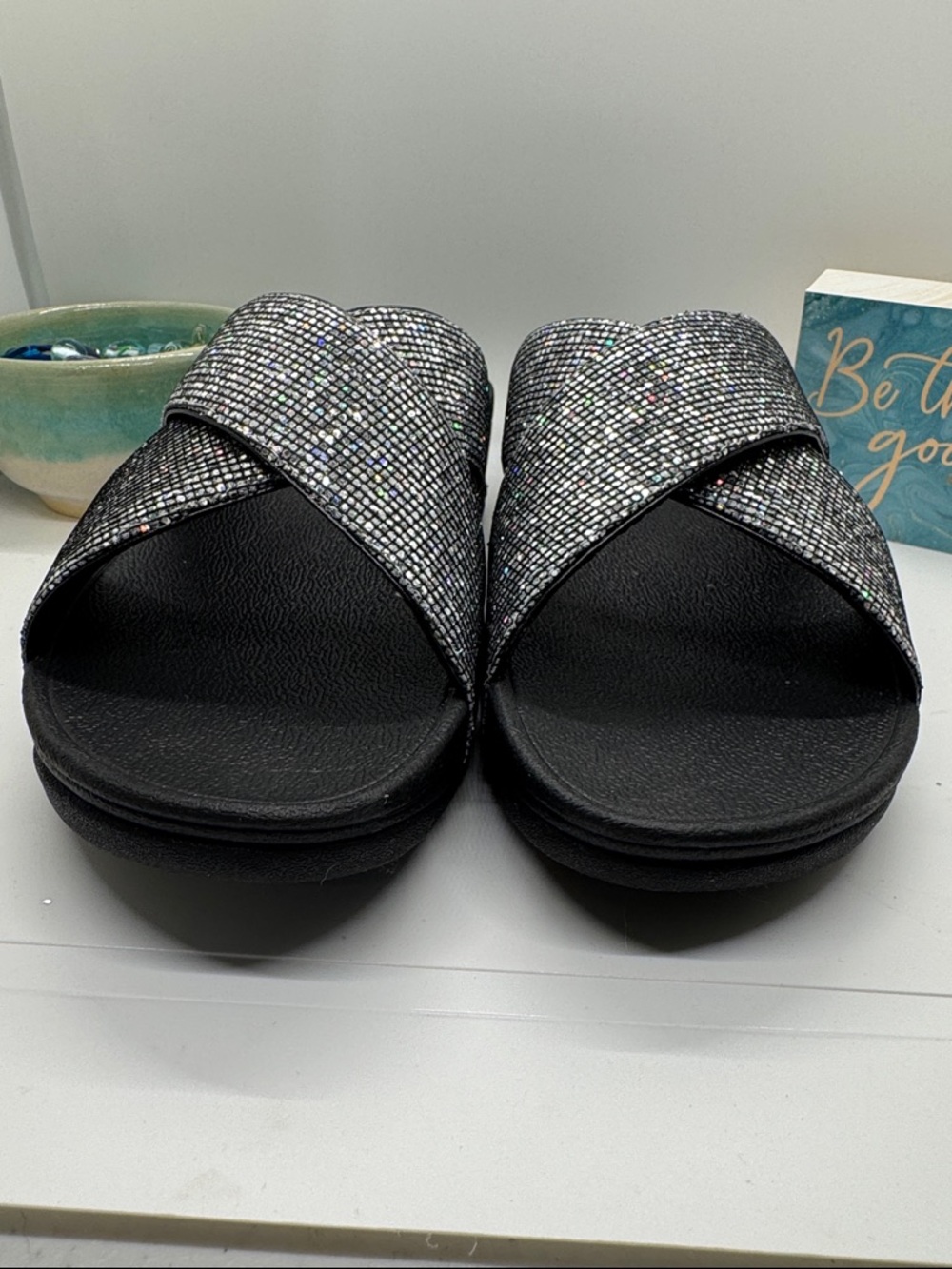 Fitflop LuLu, Black Iridescent Crystal Cross-Band Slides - Picture 9 of 9